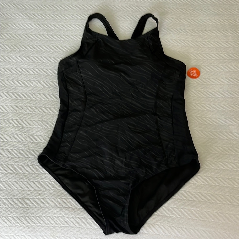 Classic Black on Black Tone Racerback One Piece Swimsuit L